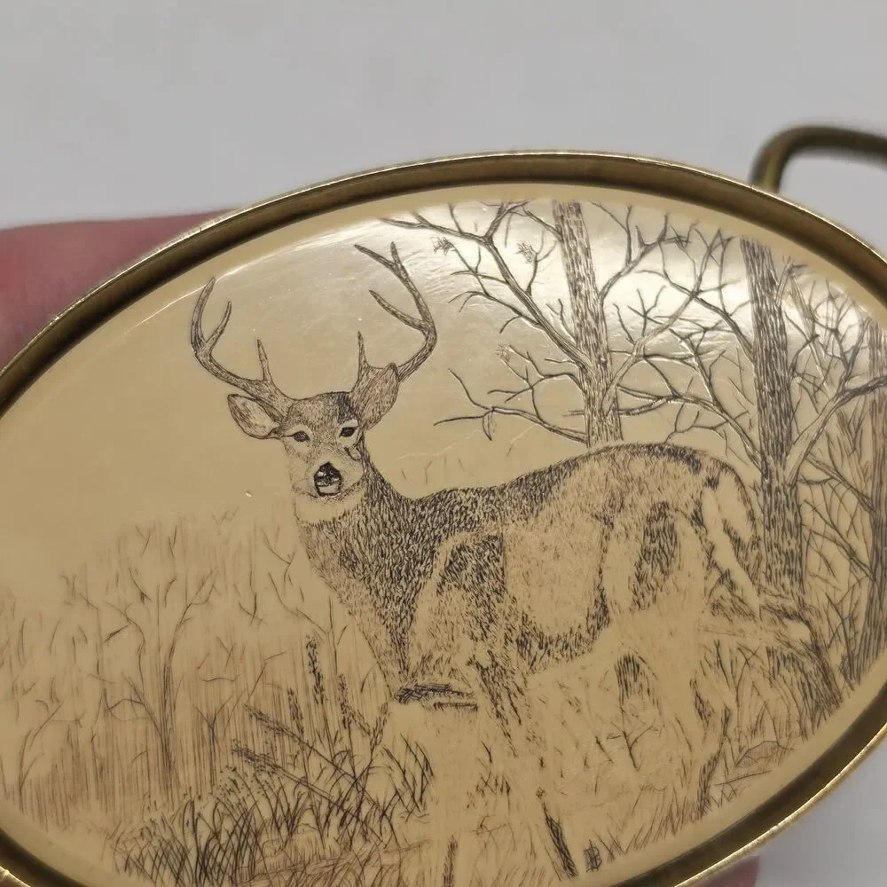 Barlow Solid Brass Deer Buck Engraved Hunting Belt Buckle Plate Vintage 1983